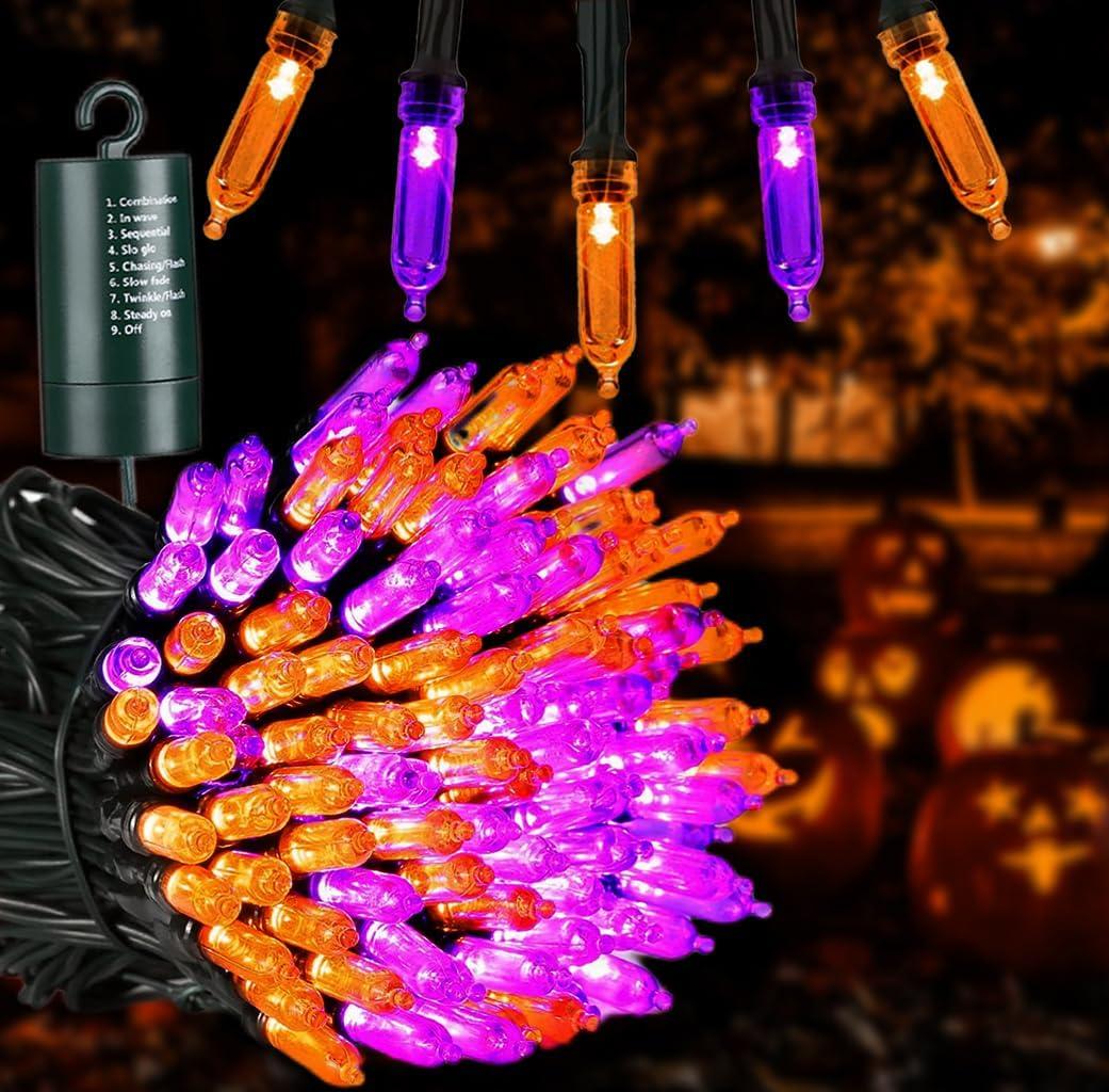 Joomer Orange Purple Halloween Lights - Battery Operated 33ft 100 LED String Lights, Waterproof Outdoor Indoor with 8 Modes Timer for Party, Garden, Halloween Decor