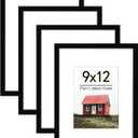 Picrit 9x12 Picture Frame Set of 4, Made of High Definition Real Glass, Display 6x8 with Mat or 9x12 without Mat, Photo Frames for Wall Mounting or Table Top Display, Black