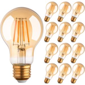 12Pack 2200k Led Light Bulb, Vintage A19 Edison Bulbs, Dimmable Amber Warm Yellow Light Bulb, Soft Yellow Led Filament Amber Light Bulbs, Old Style Light Bulbs, 60W Equivalent, 6 Watt, E26 Base