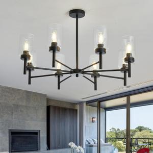 Black 8-Light Large Modern Chandelier,Clear Glass Metal Ceiling Light FixtureFarmhouse Pendant Hanging for Kitchen Dining Room Living Room Bedroom.