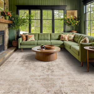 Neutral Living Room Rug - 10x14 Farmhouse Beige Brown Large Area Rug for Dining Room, Bedroom, Low Pile Lightweight Washable