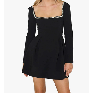 Women's Long Sleeve Mini Dress Pearl Square Neck Ruffle Hem Short Dress Bride Party Club Elegant Dresses