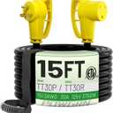 POWGRN 30 Amp RV Extension Cord 15 FT Outdoor with Grip Handle, Flexible Heavy Duty 10/3 Gauge STW 3 Prong RV Power Cord with Cable Organizer, NEMA TT-30P to TT-30R, Black-Yellow, ETL Listed