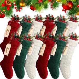 Sumind 12 Pack Personalized Christmas Stocking 18'' Large Family Knitted Xmas Stocking with Name Tags Set for Holiday Fireplace Party Decor (Burgundy, Green, Ivory)