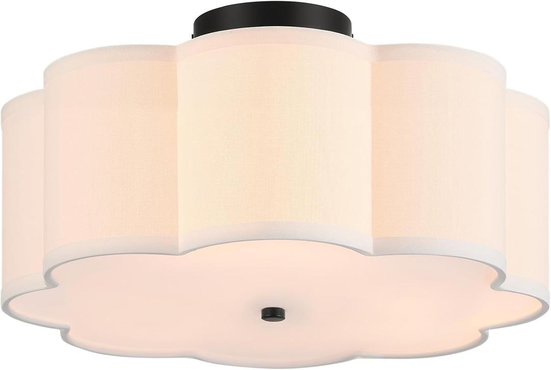 VONLUCE Semi-Flush Mount Ceiling Light, 15.7" Modern 3-Light Ceiling Light Fixture with White Petal-Shaped Shade 3 E26 Sockets for Bedroom Entryway Living Room, Black Finish, ETL Certificated