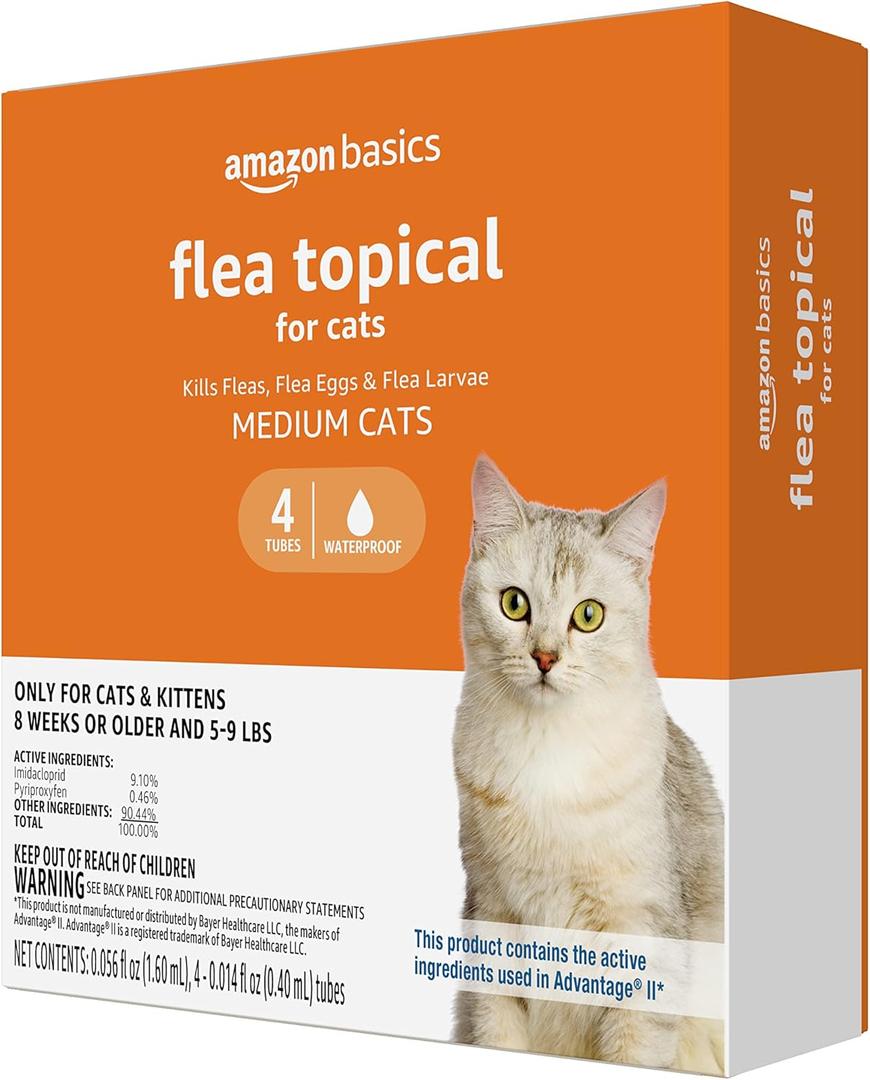 Amazon Basics Topical Flea Treatment for Medium Cats (5-9 Pounds), 4 Count (Previously Solimo) Amazon Basics Topical Flea Treatment for Medium Cats (5-9 Pounds), 4 Count (Previously Solimo)