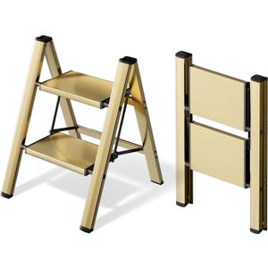 HillhutApex 2 Step Ladder, Lightweight Portable 2 Step Stool with Anti-Slip Wide Pedal,330lbs Capacity Aluminum Ladder for Household,Office,Library(Gold)