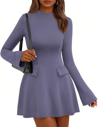 PRETTYGARDEN Women's Elegant Holiday Short Dress 2026 Fall Bell Long Sleeve Mock Neck Work Business Casual Party Mini Dress, XXL