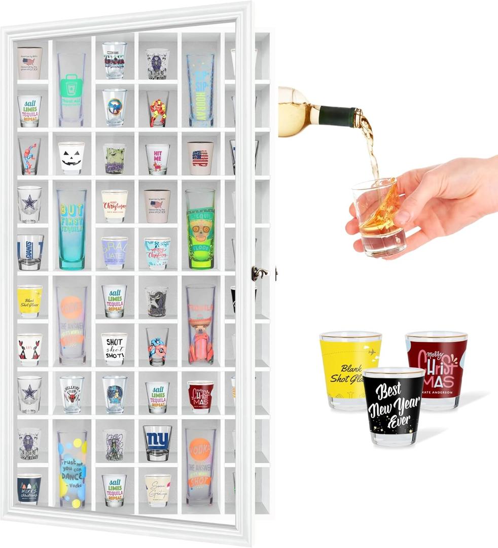 Shot Glass Display Cabinet Solid Wood - Large Display Case for Collectibles | Man Cave Accessories | UV Protection Acrylic Door | Wall Mounted Black Shadow Box | 52 Divided Slots | 32"x17"White