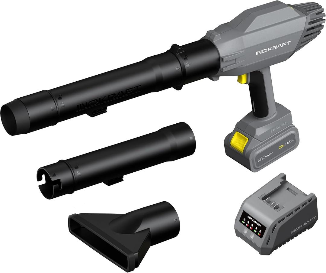InoKraft Cordless Leaf Blower 20V 4.0Ah Battery & Charger, 125 MPH 270 CFM Lightweight Handheld Electric Blower with 2 Nozzles & 2 Extension Tubes, Quiet Compact Leaf Blower for Yard & Lawn