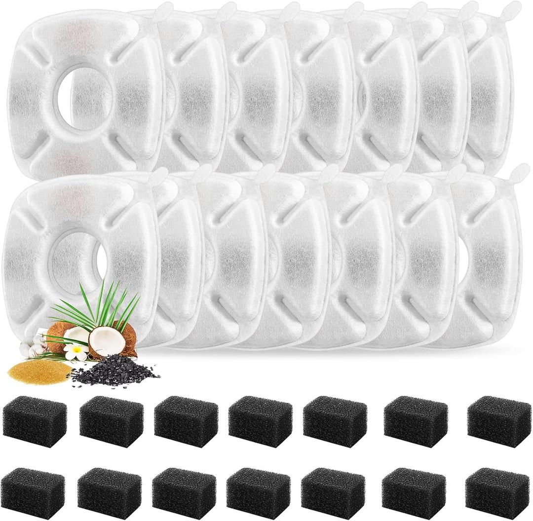 Porens 28 Pcs Cat Water Fountain Replacement Filters-14 Pack Water Fountain Filters 14 Pack Pre-Filter Sponges, Pet Fountain Replacement Filters Fit for 95oz/2.8L Cat Pet Fountain, White + Black