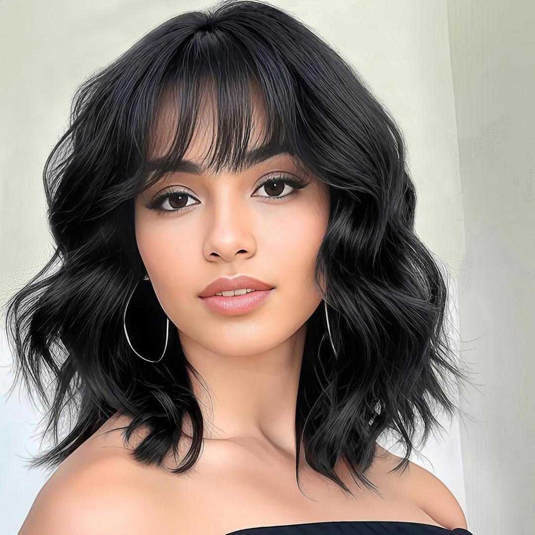 Wigs for Women Wavy Short Black Wig with Bangs Curly Bob Wig Shoulder Length Women's Wigs Synthetic Heat Resistant Fiber Wigs for Daily Party Use (14 Inches)