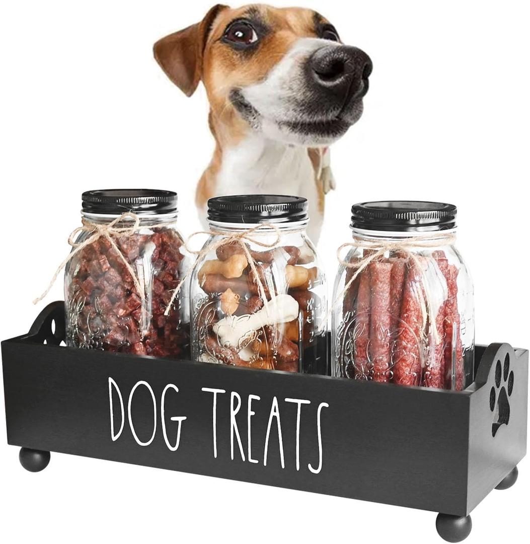 Dog Treat Container, Pet Treat Holder with Glass Jars, Farmhouse Dog Food Storage Organizer, Airtight Dog Treat Bin, Cat Dog Biscuit Dispenser, Pet Accessories (Black - 3 Glass Jars)