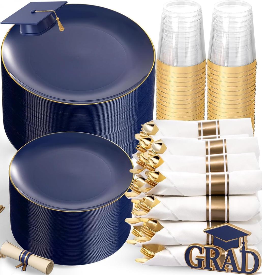 KIRE 350Pcs Blue and Gold Plates -Heavy Duty Navy Blue Dinnerware Set - 100 Plastic Plates 50 Pre Rolled Napkins with Gold Plastic Silverware 50 Cups for Birthday/Wedding/Party/Graduation/Memorial Day
