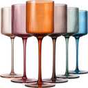 Vintacicle Colored Square Glasses Set of 6, Elegant Ribbed Design Colorful Crystal Glassware with Long Stem, 11.5oz Hand Blown Stemware For Red & White Home Bar Party- Multicolour