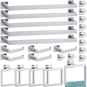 Gisafai 25 Pcs Bathroom Hardware Accessories Set 23.6 Inch Bath Towel Bar Kit Stainless Steel Bathroom Hardware Set Towel Racks Ring Hooks Paper Holder for Wall Mounted (Silver)