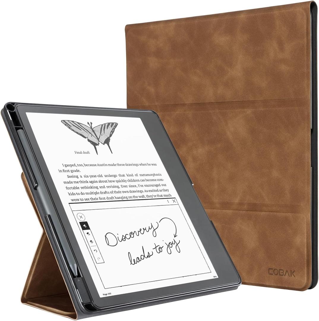 CoBak Stand Case for Kindle Scribe - Premium Folio Leather Cover with Pen Holder, Auto Sleep/Wake - Compatible with 10.2 Inch Kindle Scribe (2022/2024 Release) (Brown)