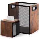 Retro Office Trash Can, Iron and Wood Combination Bedroom Garbage Can and Retro Tissue Box Set Rectangular Design Wastebasket with Handle, Industrial Style Trash Basket for Home Office Living Room