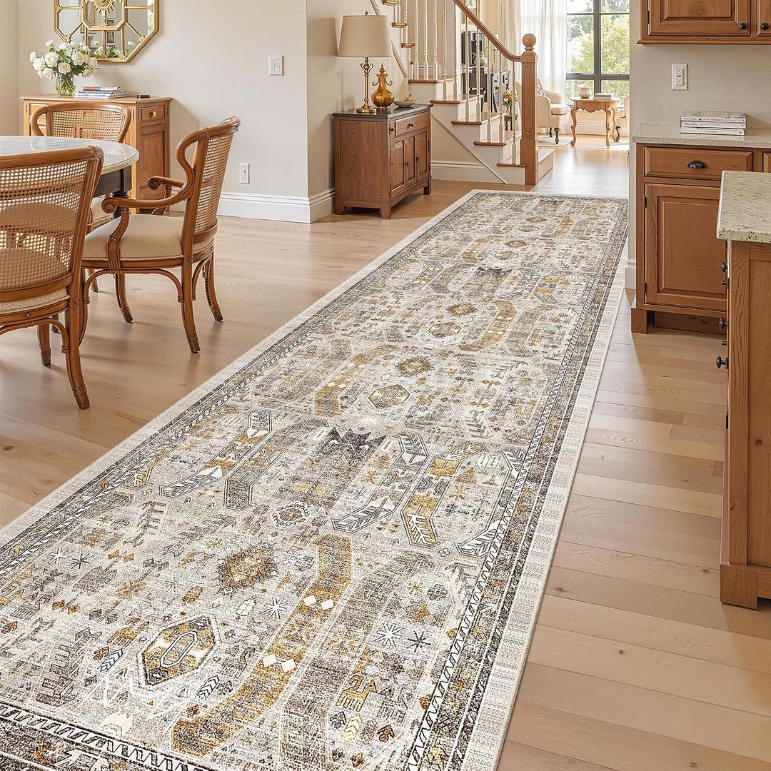 Madane Hallway Rug 3x10, Kitchen Rugs Washable Entryway Rug Vintage Kitchen Runners Non Slip Indoor Area Rug Farmhouse Carpet Runner for Bathroom Living Room Bedroom, Brown/Gold