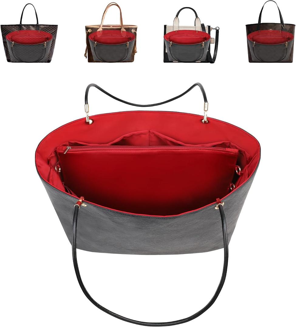 Purse Insert with Carry Handle, with Silky Satin Interior for Daily Commute & Travel, Fits Anjou Artois PM and More (Medium, Black-Red)