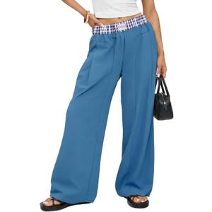 Wide Leg Slacks Pants for Women Pull on High Waisted Business Trousers with 3 Pockets for Casual Office Wear (Small, Blue)