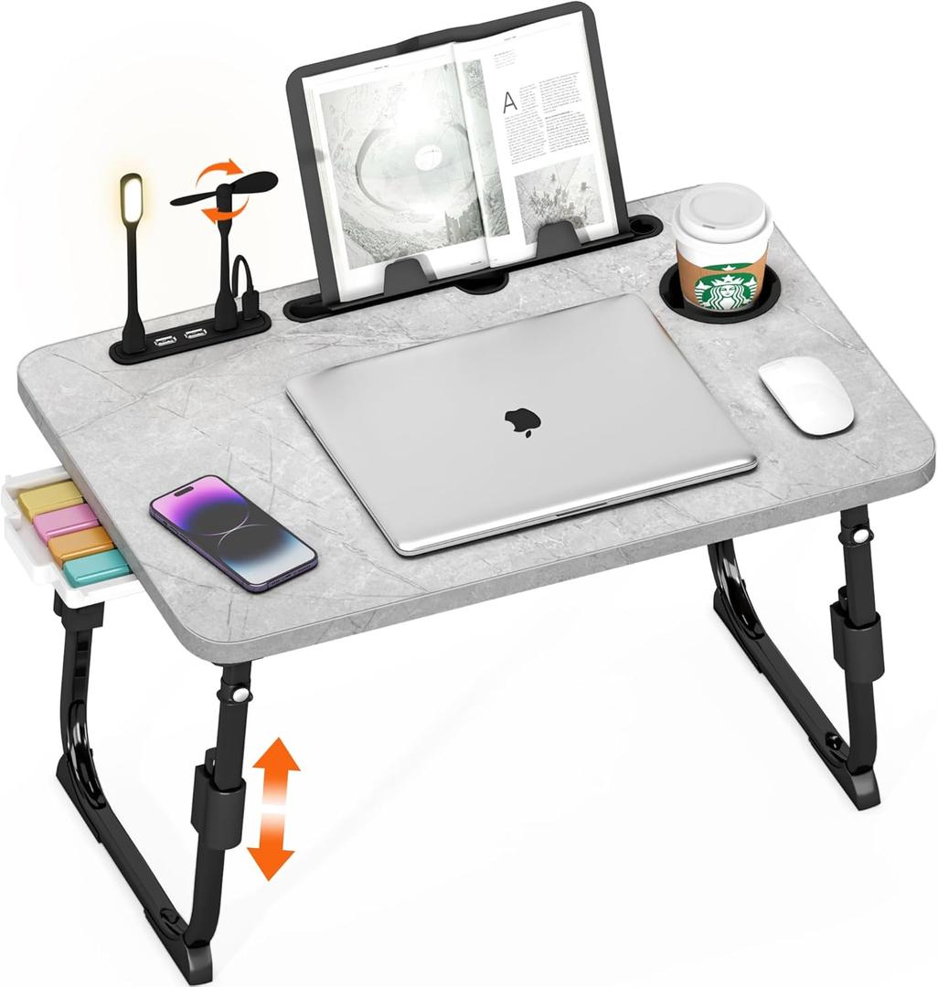 Laptop Desk for Bed Height Adjustable, Lap Bed Table with USB/Storage Drawer/Cup Holder/Tablet Stand/Book Shelf, Foldable Breakfast Tray Portable for Reading Writing, Sofa & Floor, Light Stone Texture