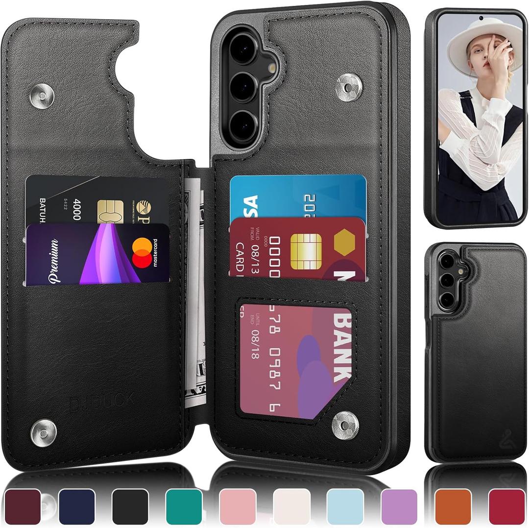DJDUCK Designed for Samsung Galaxy S24 FE Case Wallet with Card Holder, [Magnetic Clasp Cover] [RFID Blocking Leather Protection] Shockproof Women Men Cases for Samsung S24 FE Black