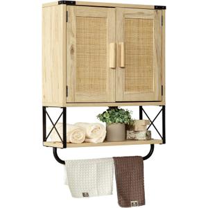 RUSTOWN Farmhouse Medicine Cabinet with 2 Barn Door, Boho Wood Wall Mounted Storage Cabinet with Adjustable Shelf and Towel Bar, 3-Tier Bathroom Cabinet for Bathroom (Rattan,Medium)