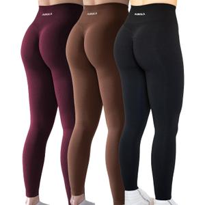 AUROLA Workout Leggings for Women Seamless Scrunch Tights Tummy Control Gym Fitness Girl Sport Active Yoga Pants (Large, Pack(black/Black Cherry/Dandelion Brown))