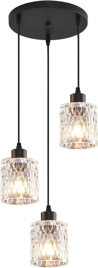 3 Lights Industrial Pendant Light with Glass Shade Matte Black Pendant Lighting Adjustable Industrial Retro Style Hanging Light,Kitchen Island Farmhouse Pendant Lights Fixtures for Kitchen,Farmhouse