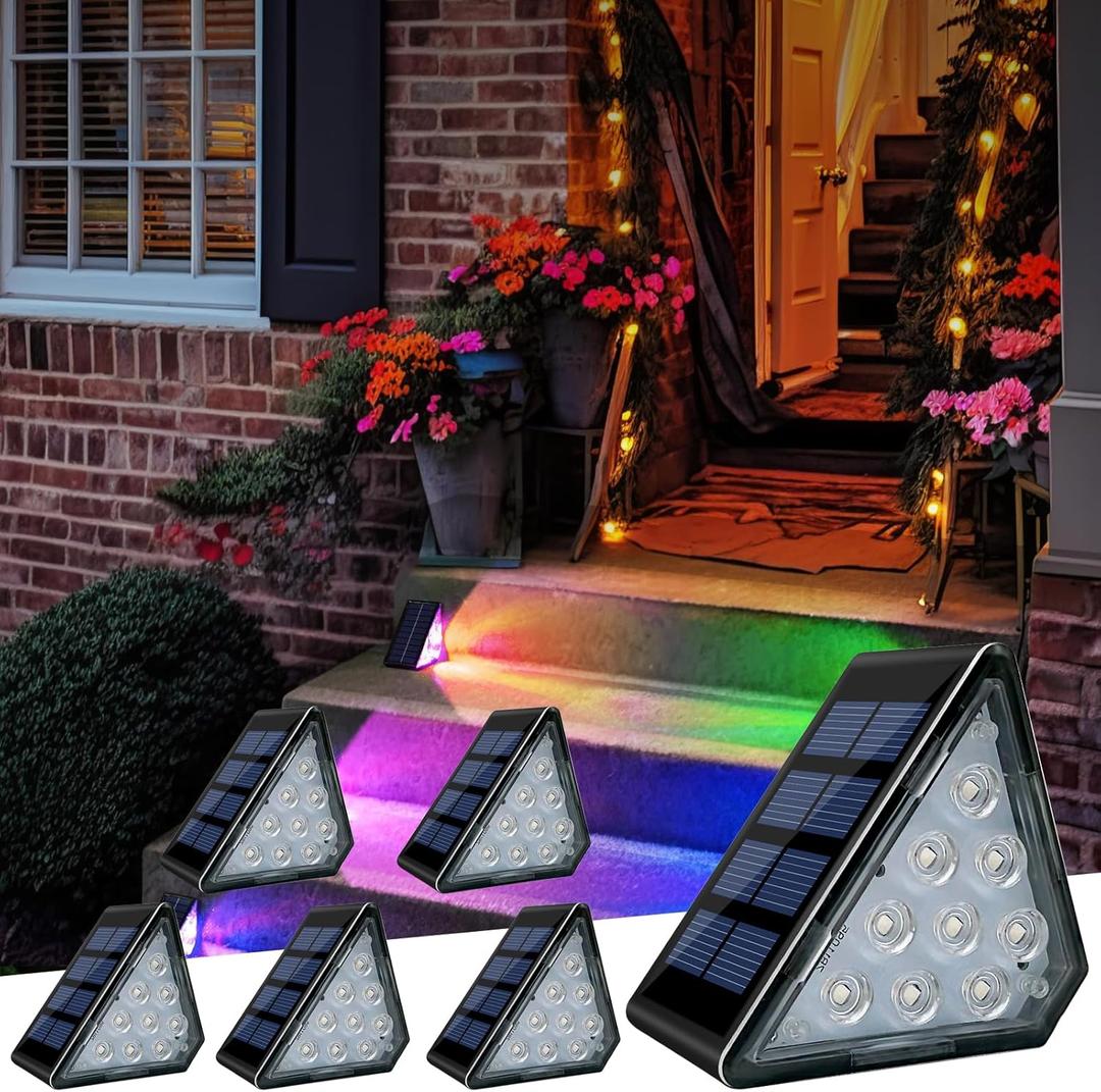 Solar Step Lights, Stair Fence Halloween Lights IP67 Outdoor Waterproof LED Deck Light for Garden Yard Patio, Porch, Front Door, Outside, Pathway, RGB 6 Pack
