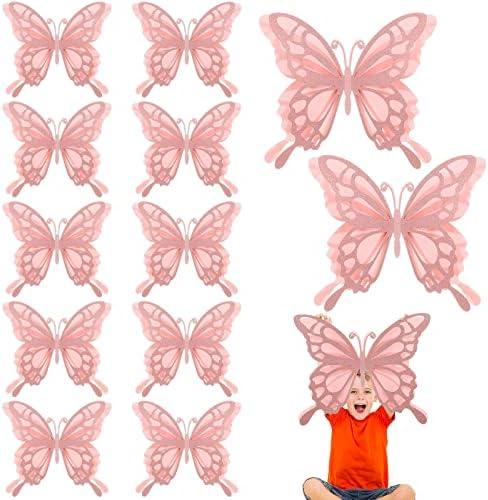 Geyee 12 Pcs 3D Large Butterfly Party Decoration Paper Stickers in 2 Different Size Butterfly Wall Mural Set for Birthday Baby Shower Nursery Bedroom Wedding(Champagne)