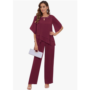 2 Pieces Mother of the Bride Pant Suits for Women Dressy Chiffon Wedding Guest Outfits with Sleeves 22W