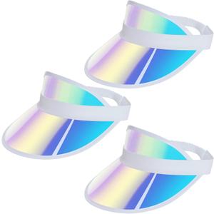 3 Pack Sun Visor Hats Women Men Clear Colored Plastic Tennis Beach Sport Cap Adjustable Golf Sunhat Headwear (Medium-Large, Iridescent Blue)