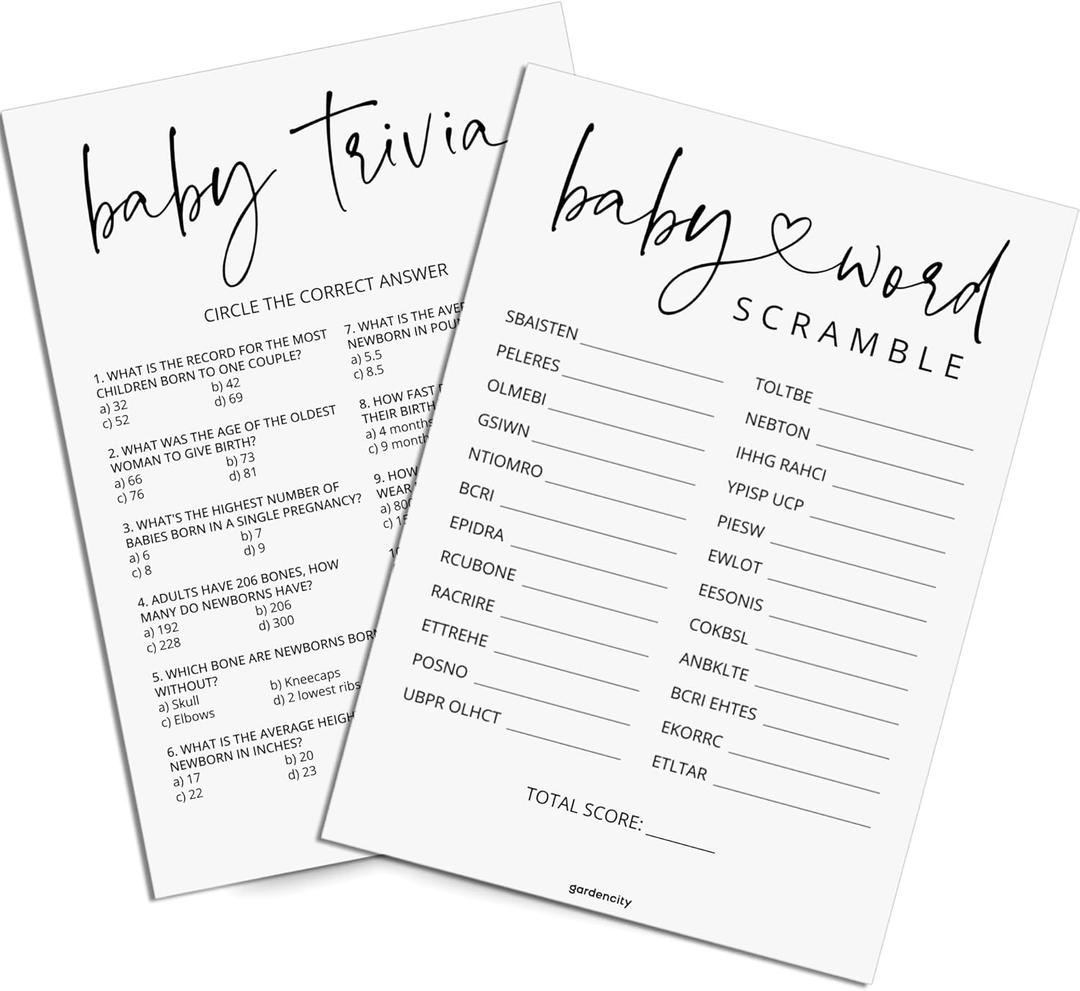 Baby Shower Games - Baby Trivia and Word Scramble Game, 50 Double-Sided Cards (Minimalist) (White)