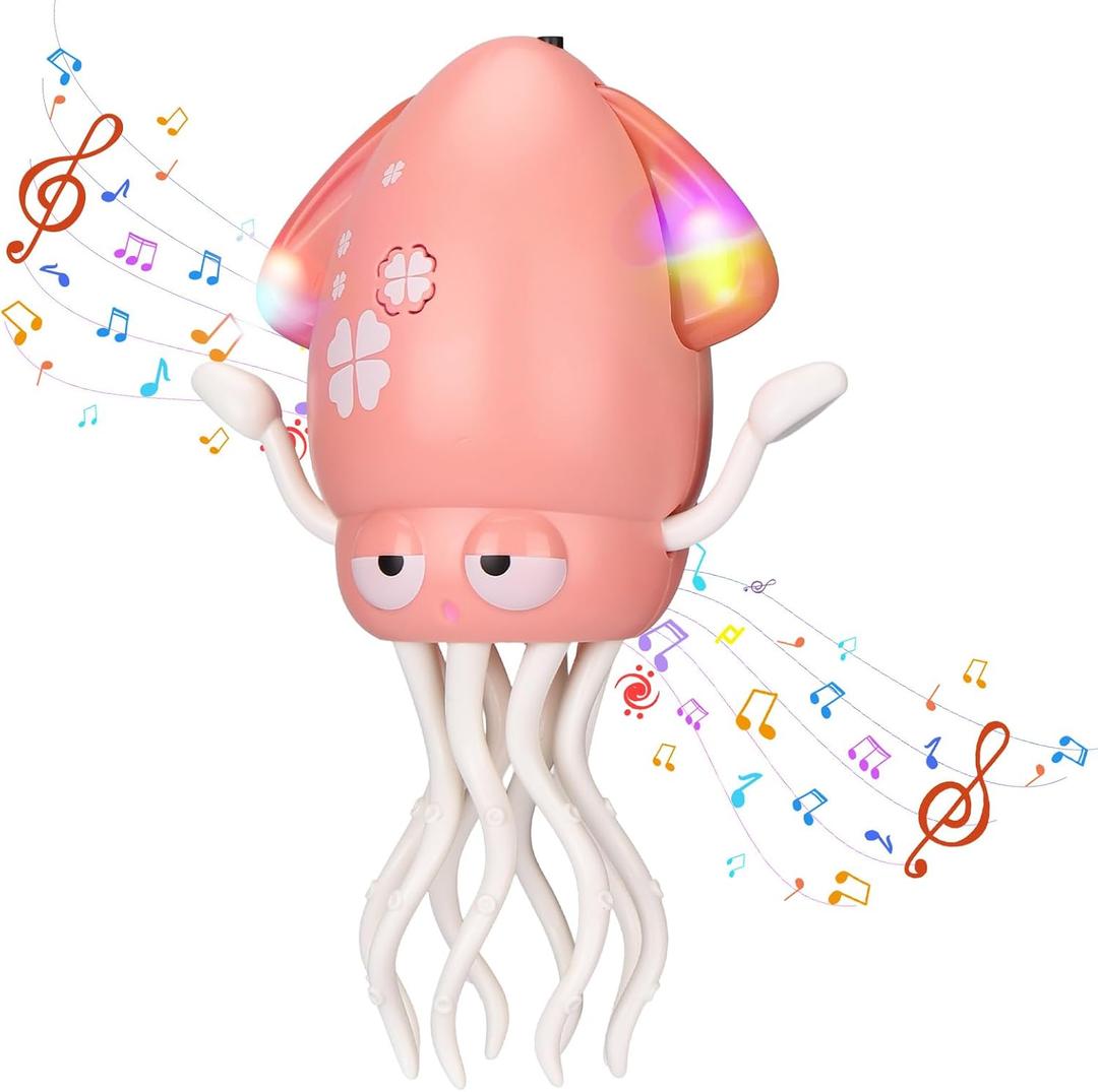 Magic Electric Dancing Octopus Toy with Led Light and Music,Automatic Evasion Crawling Dancing Octopus Musical Toys with Fishing Rod,Dancing Squid Toy Baby Must Haves Tummy Time Baby Toys,Pink