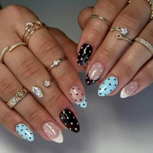 Polka Dot Press on Nails Short Almond Fake Nails Summer Blue Nails Press ons with Design,Reusable Artificial Nail Full Cover Stick on Nails for Women Beach Manicure 24Pcs