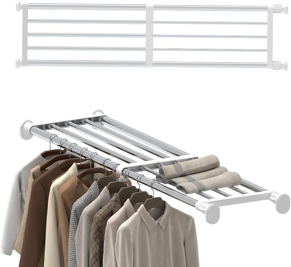 Hershii Tension Shelf Expandable Rod Closet System Heavy Duty Clothes Hanger Adjustable DIY Garage Bathroom Kitchen Storage Organizer Shoe Rack, Plant Stand, Bookshelf (39.76 - 60.03 inches, Ivory)