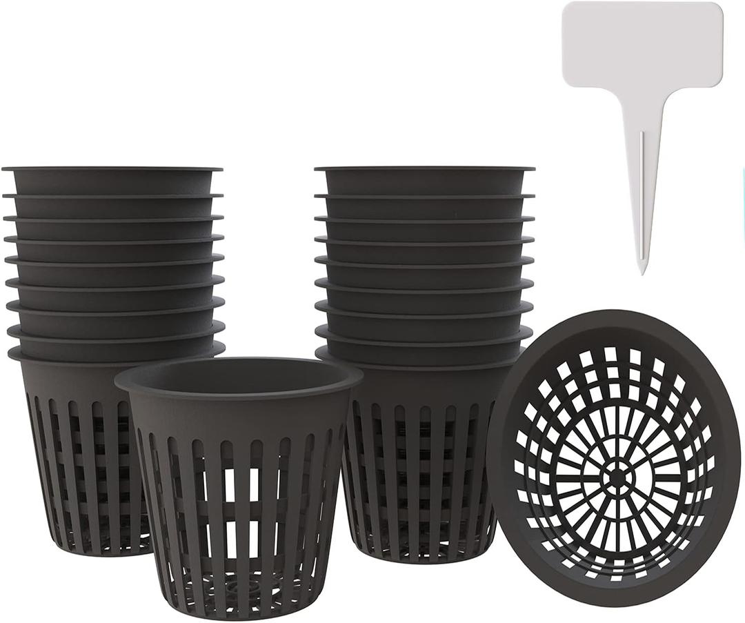 4 Inch Plastic Net Cups, Pots Plant Containers, for Hydroponics Aquaponics Orchids, 10 Pcs Black, with 20pcs Garden Tags.