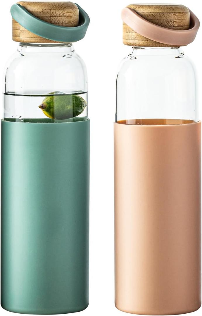 wangsdjy 21oz Borosilicate Glass Water Bottles with Silicone Non-Slip Sleeve & Leak-Proof Lid-Reusable Drink Bottle for Office,Travel,Gym,Hiking-BPA Free,Ideal Gift for Home,Car &Fitness (Pink+Green)