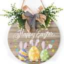 Happy Easter Wooden Hanging Sign Colorful Eggs Bunny Sign Door Decoration Rustic Easter Wood Wreath Sign for Spring Holiday Front Door Wall Rustic Farmhouse Porch Decor 12 x 12 Inch