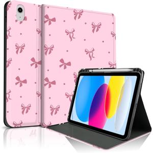 Case for iPad 11th (A16) 11-inch 2025 /10th Generation 10.9-inch 2022, Butterfly Polka Dot Cute Stylish Chic Design Protective with Pencil Holder Anti-Slip Anti-Shock, Large Bow - Pink