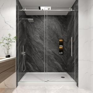 KPUY Frameless Shower Door, 55-60" W x 76" H Sliding Glass Shower Door, 1/4" (6mm) Thick Tempered Clear Glass with Explosion-Proof Film Nano Coating, Stainless Steel Hardware, Brushed Nickel