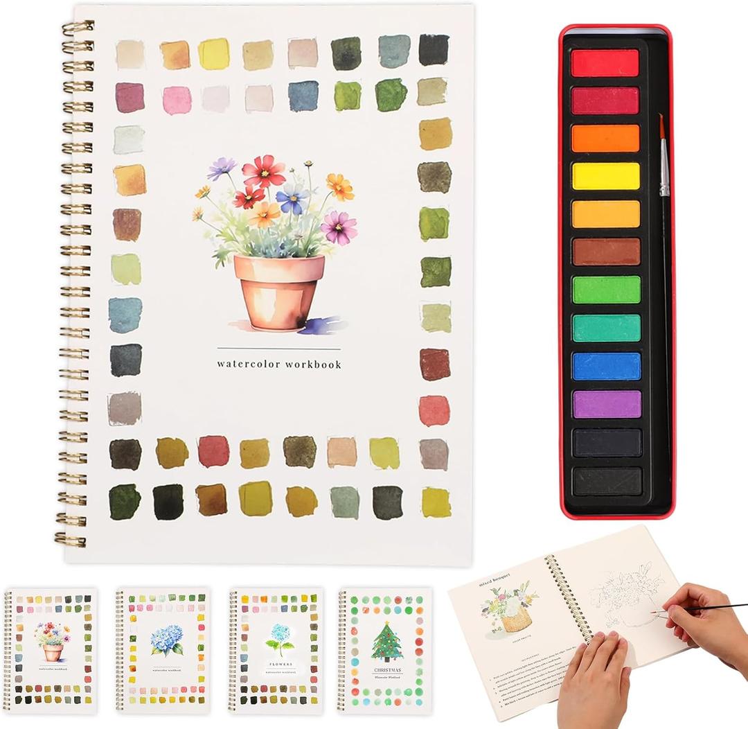 Watercolor Workbook  Water Coloring Book, Beginner Watercolor Painting Kit Paint Set Workbook with 12 Watercolor Paints & Brush (Potted Plant)