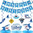 28 Pieces Shark Party Supplies Set Includes 12 Hanging Swirls Shark Happy Birthday Banner 12 Hanging Cutouts 3 Birthday Honeycomb Centerpiece for Party Decorations