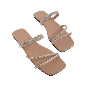 GORGLITTER Women's Rhinestone Flat Sandals Strappy Slip on Open Toe Slide Sandals (7.5, Brow)