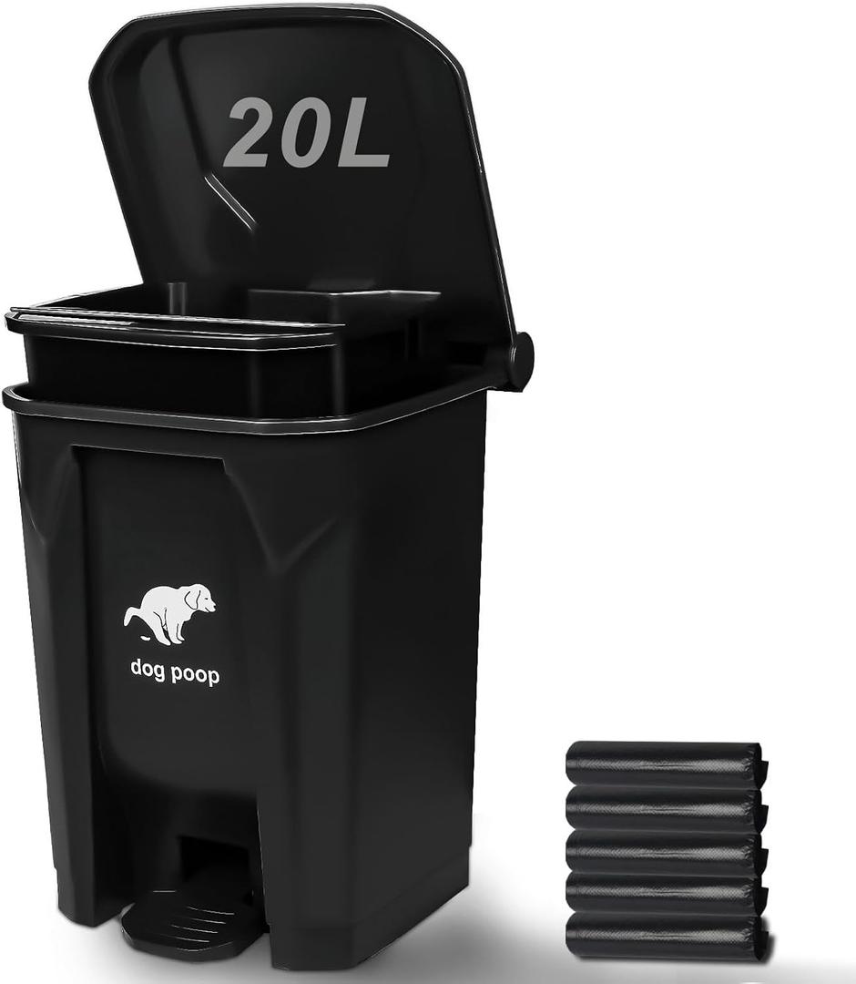 Dog Poop Trash Can Outside, 20L/5Gallon Pedal and Removable Inner Waste Bin, Outdoor Dog Poop Trash Can with 100 Bags, Pet Waste Container for Garden, Black