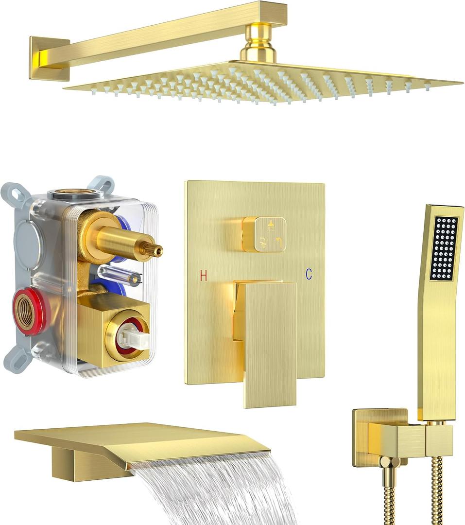 Shower System with Tub Spout, 10-Inch High-Pressure Rain Showerhead and Handheld Combo, Brushed Gold Shower Faucet Set with Rough-in Valve and Trim, Wall Mounted 3-Way Shower Set