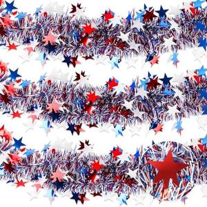 FOIMAS 4th of July Patriotic Tinsel Garland Decoration,33 Ft Garland Hanging Supplies Star Glitter Foil Strip for Tree Home Holiday Party Supplies