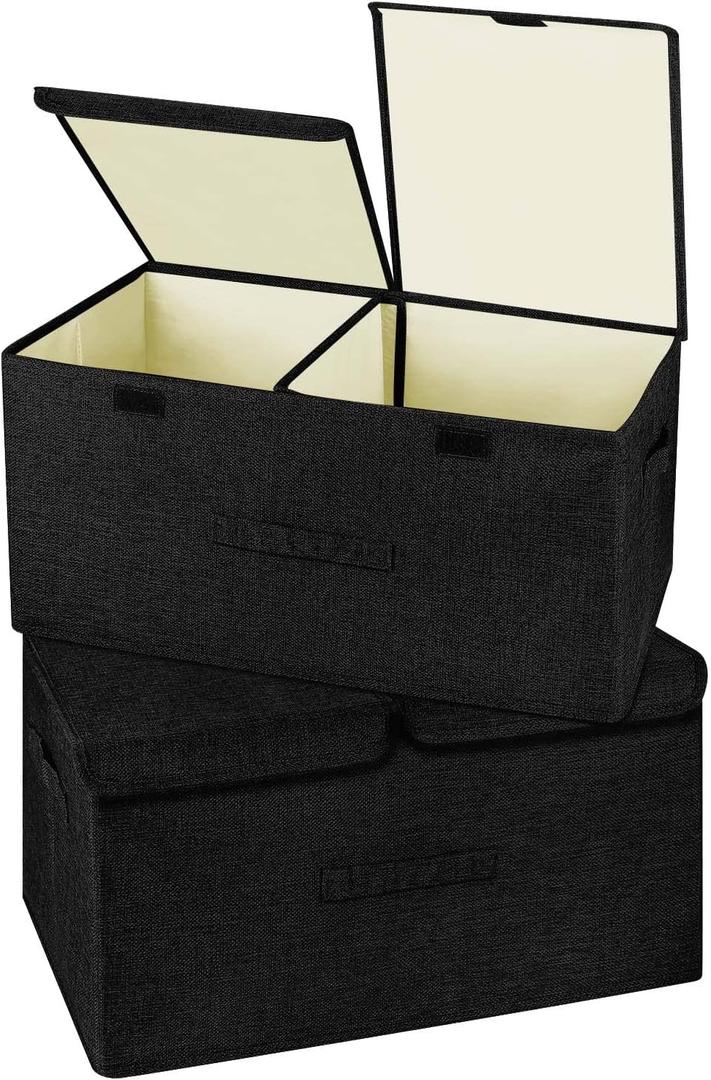 2 Pack Large Linen Fabric Collapsible Storage Bins with Lid and Handles, Washable Storage Box Baskets Cube with Removable Divider for Bedroom,Closet,Office,Living Room,Nursery (Black, Large)